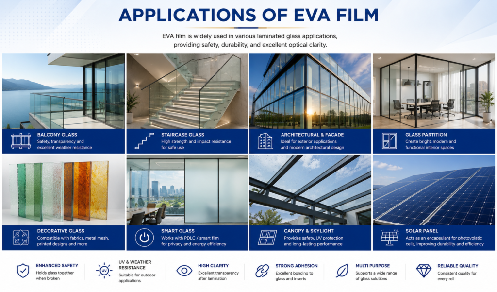 EVA film applications including balcony glass, staircase glass, architectural facades, glass partitions, decorative glass, smart glass, canopies, skylights and solar panel lamination