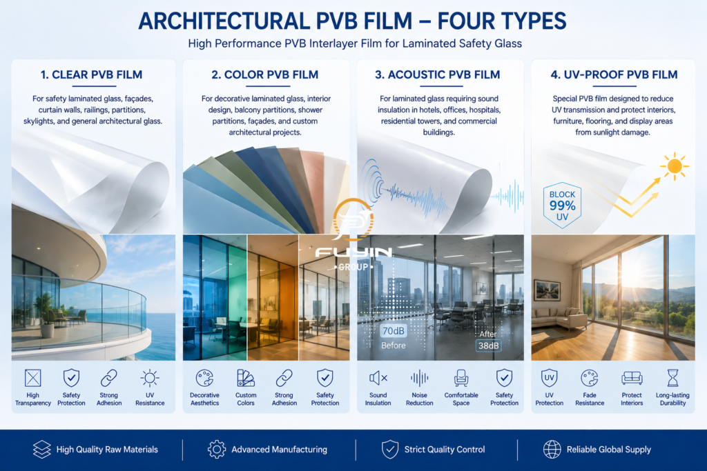 Architectural PVB Film product range including Clear PVB Film, Color PVB Film, Acoustic PVB Film, and UV-Proof PVB Film for laminated glass applications such as curved glass balconies, decorative partitions, sound-insulating glazing, and UV-protective architectural glass.