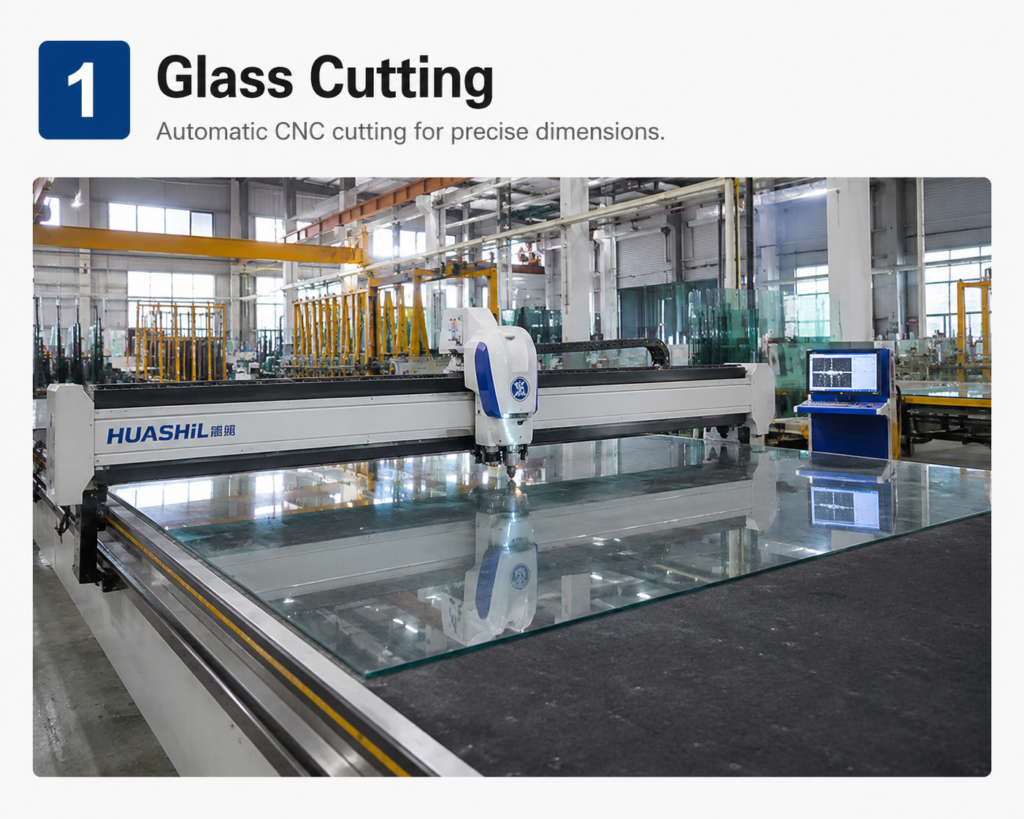 Automatic CNC glass cutting machine processing jumbo architectural glass sheets at Fuyin Group glass factory in China for custom glass fabrication.