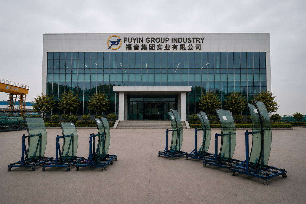 Fuyin Group curved glass processing factory in China showing custom bent glass panels with multiple radii, architectural curved glass production, glass storage yard, and industrial glass manufacturing facility.