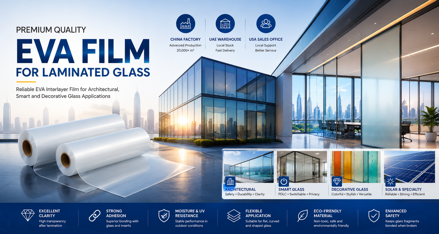 EVA film rolls for laminated glass used in architectural glazing, smart glass, decorative glass, balcony glass and solar panel applications