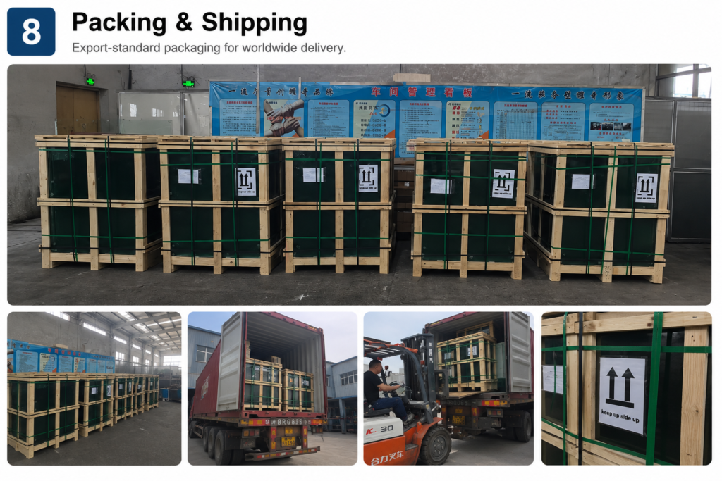 Wooden crates of processed glass packed for export, forklift loading glass crates into shipping containers at Fuyin Group China glass factory for worldwide delivery.