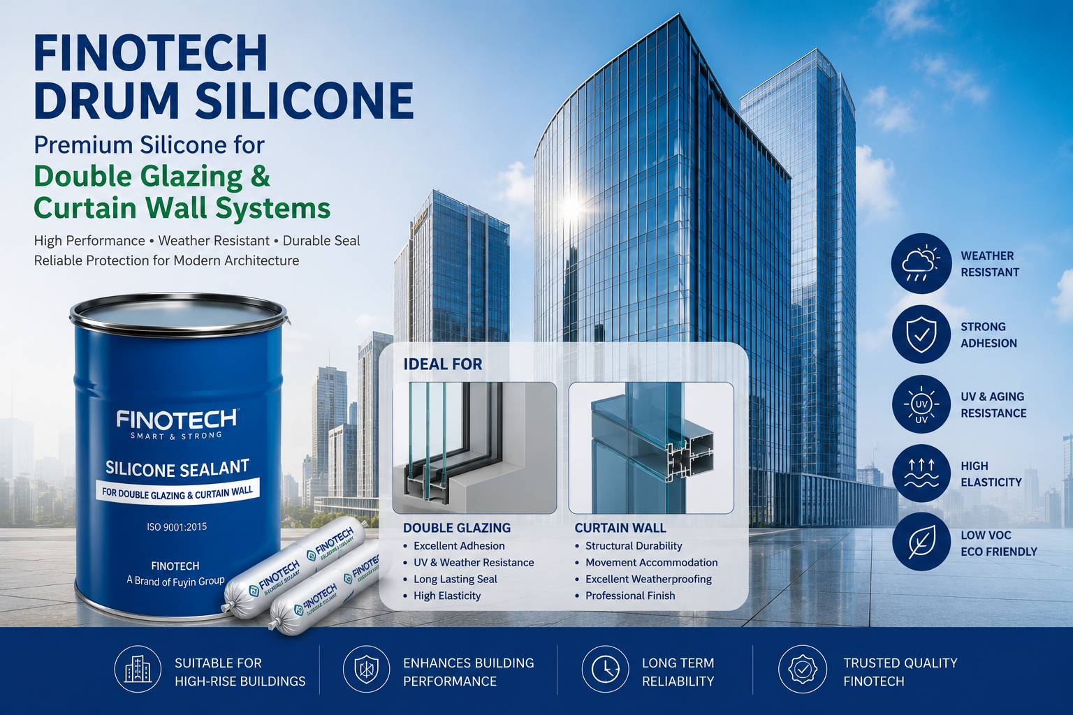 Finotech silicone sealant for double glazing units, insulating glass production and curtain wall structural glazing in high-rise buildings