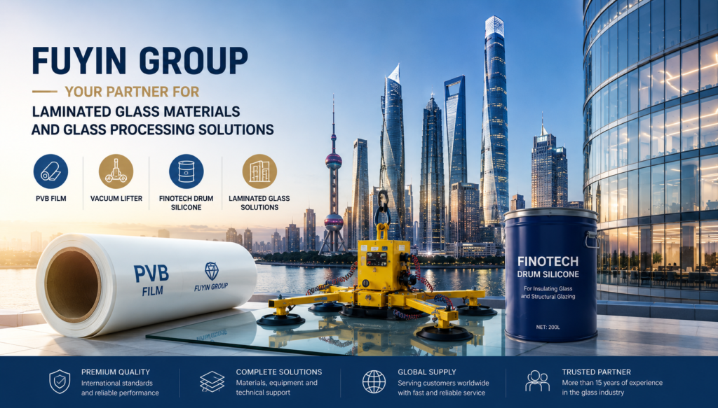Fuyin Group supplying PVB film, vacuum lifters, Finotech silicone sealants and laminated glass solutions with modern Shanghai skyline and architectural glass buildings
