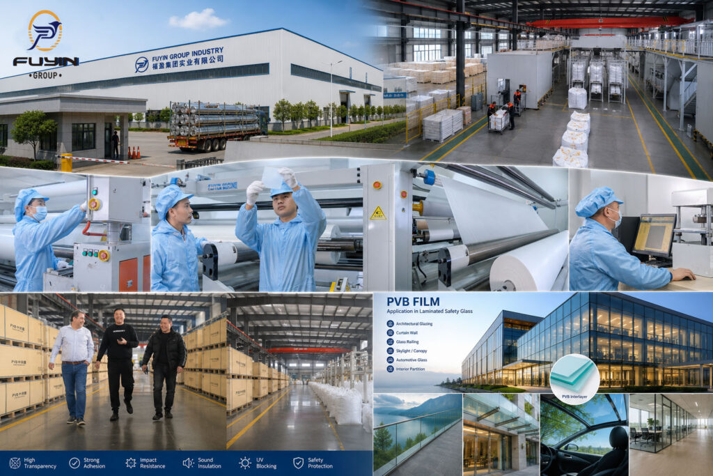 PVB film manufacturing factory showing raw material mixing, cleanroom production line, quality control laboratory, finished PVB film warehouse, customer inspection, and laminated glass applications.