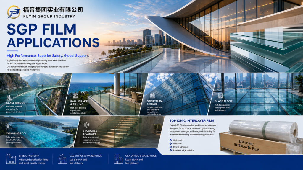Architectural SGP laminated glass applications featuring glass bridge, balcony railing, curtain wall facade, glass floor, infinity pool, and staircase systems using Fuyin Group Industry SGP Ionic Interlayer Film (福音集团实业有限公司).