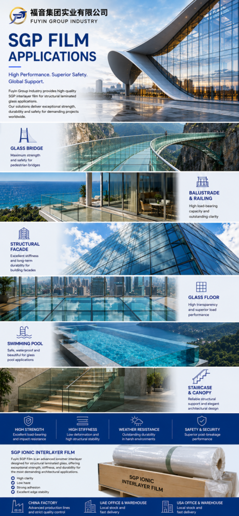 Architectural SGP laminated glass applications featuring glass bridge, balcony railing, curtain wall facade, glass floor, infinity pool, and staircase systems using Fuyin Group Industry SGP Ionic Interlayer Film (福音集团实业有限公司).