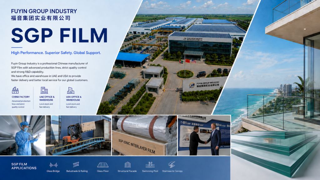 Chinese SGP film manufacturer Fuyin Group Industry showcasing SGP film production, quality control, export packaging, UAE and USA support, and structural laminated glass applications including glass bridges, railings, facades, and oceanfront balconies.