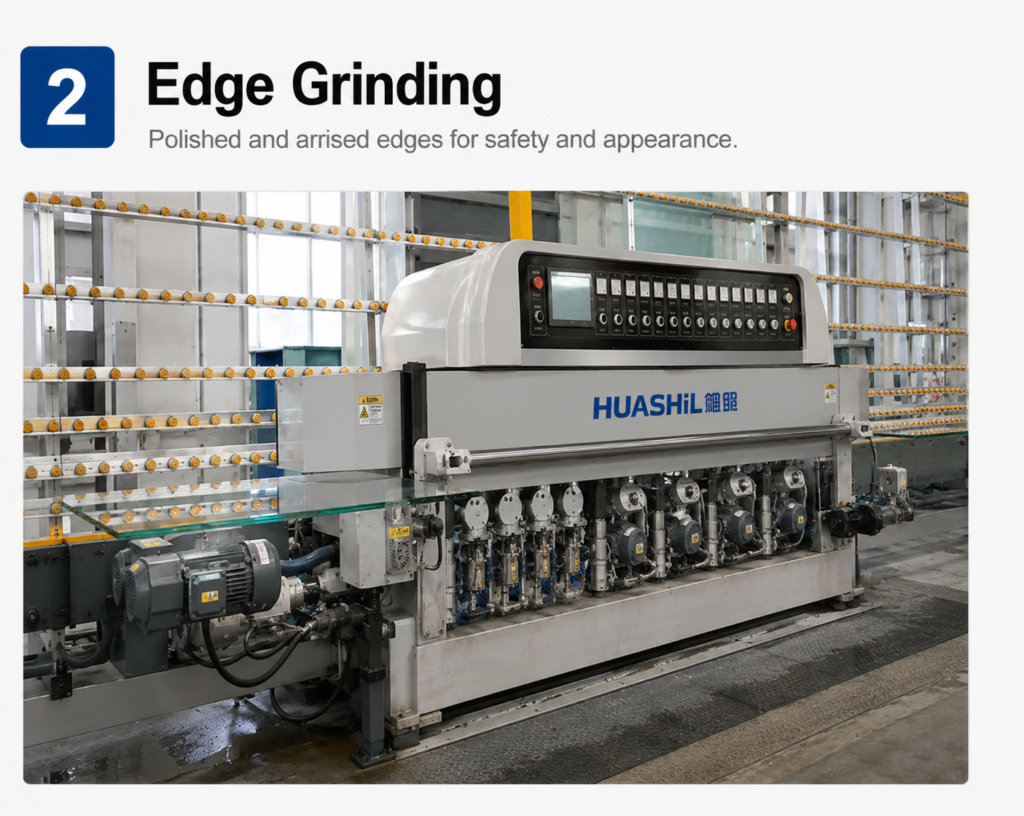 Double edger machine polishing and grinding glass edges at Fuyin Group China glass processing factory for safe and high-quality architectural glass.
