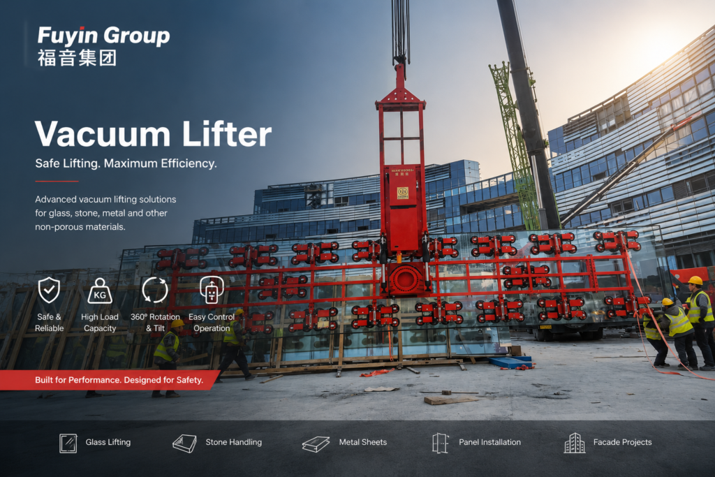 Industrial glass vacuum lifter safely installing large façade glass panels. Fuyin Group is a China-based manufacturer and supplier of vacuum lifting equipment with sales offices in the UAE, China, and the USA.
