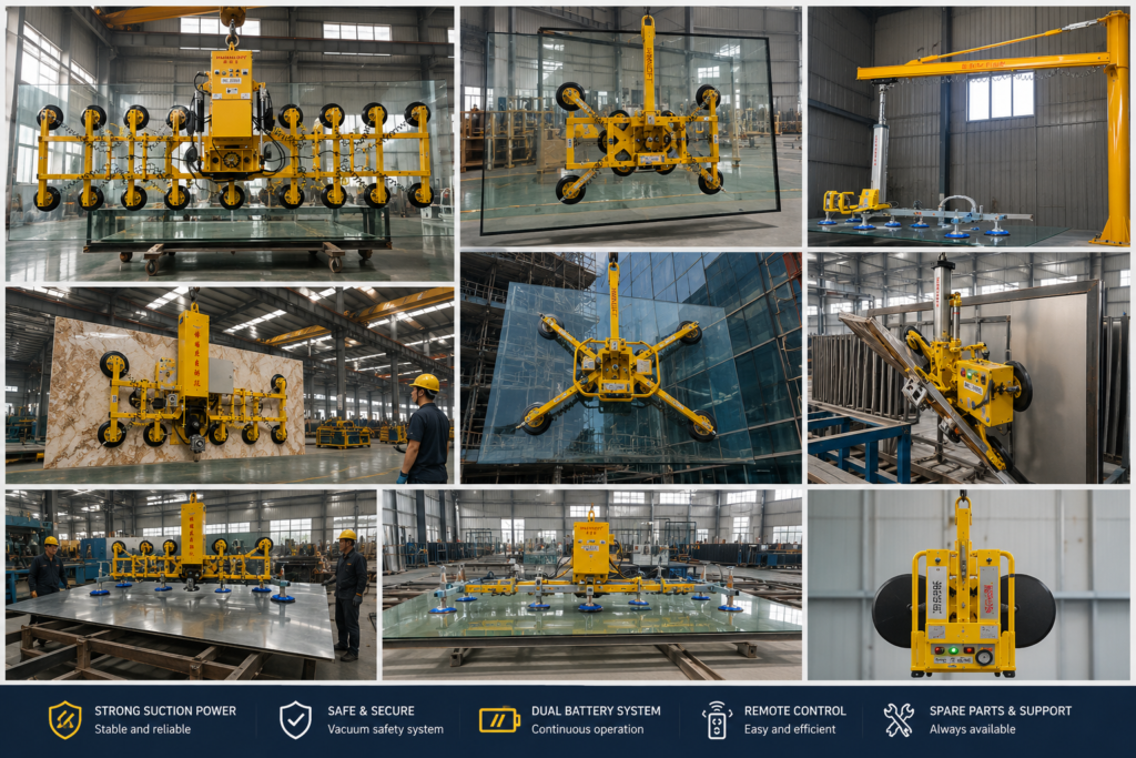 Industrial vacuum lifter featuring CE certification, high vacuum safety system, dual battery backup, remote control, spare parts availability, technical support, and fast UAE delivery from Fuyin Group China.
