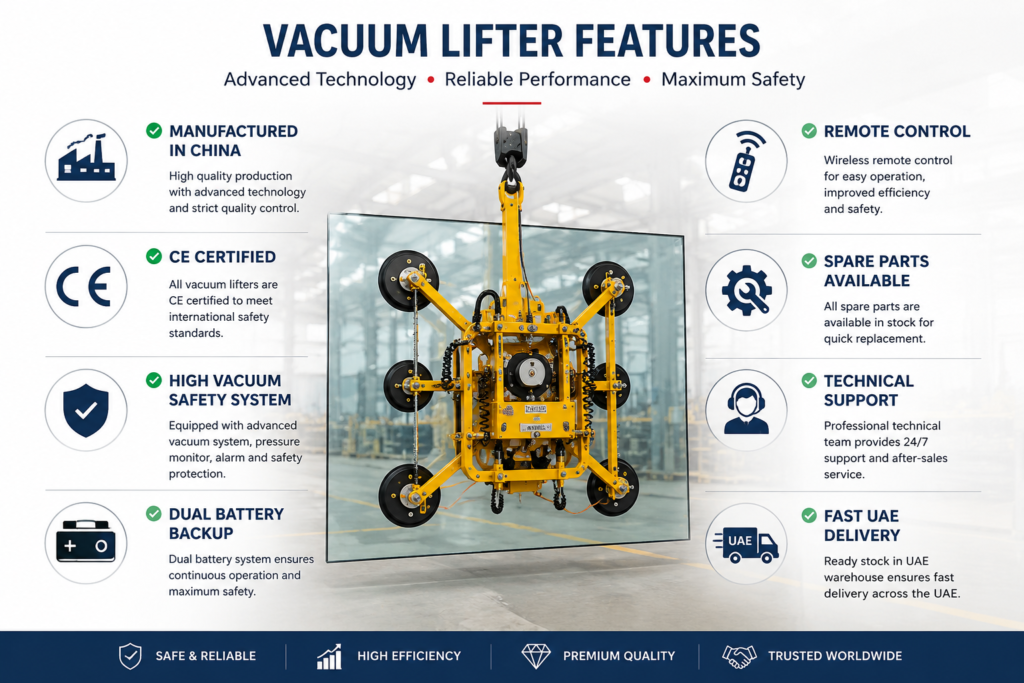 Industrial vacuum lifter featuring CE certification, high vacuum safety system, dual battery backup, remote control, spare parts availability, technical support, and fast UAE delivery from Fuyin Group China.