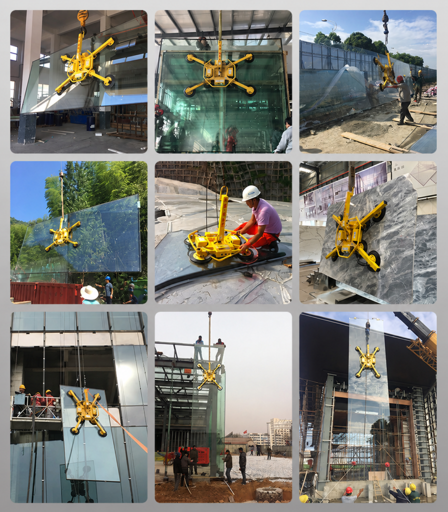 Collection of heavy-duty vacuum lifters for industrial material handling, featuring glass lifting equipment, stone vacuum lifters, sheet metal lifters, and hydraulic vacuum lifting systems from Fuyin Group China