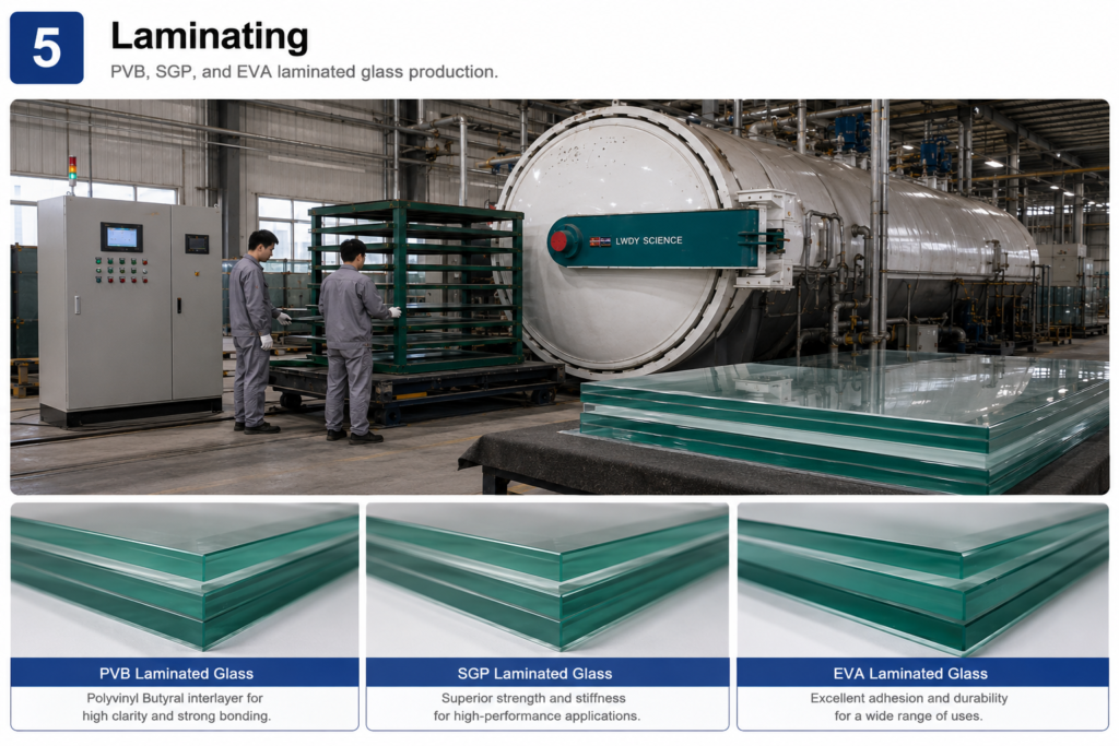 LWDY autoclave laminating PVB, SGP, and EVA laminated safety glass at Fuyin Group China glass processing factory for architectural applications.