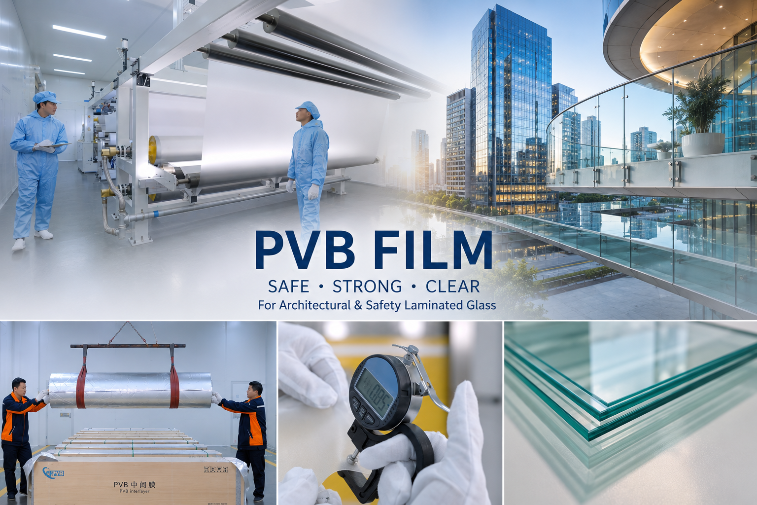 PVB film production line, quality inspection, and laminated glass applications for curtain walls, glass facades, railings, skybridges, and architectural safety glazing