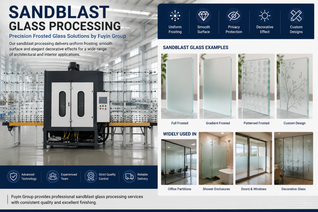 Sandblast glass processing by Fuyin Group, with glass manufactured in China and sales offices in the UAE and the US.