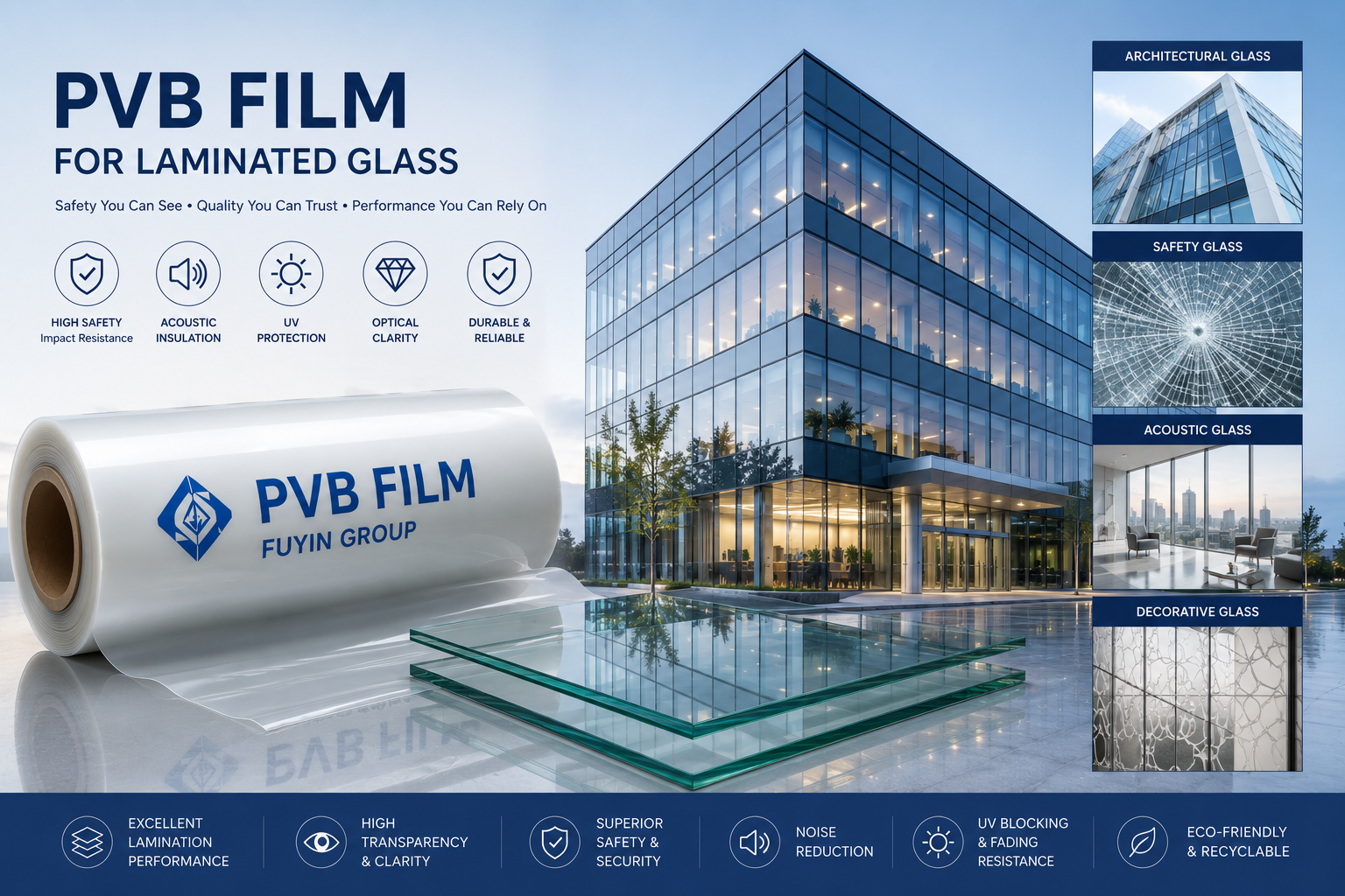 YAOJING PVB interlayer film used for safety glass, acoustic glazing, decorative glass and architectural laminated glass applications