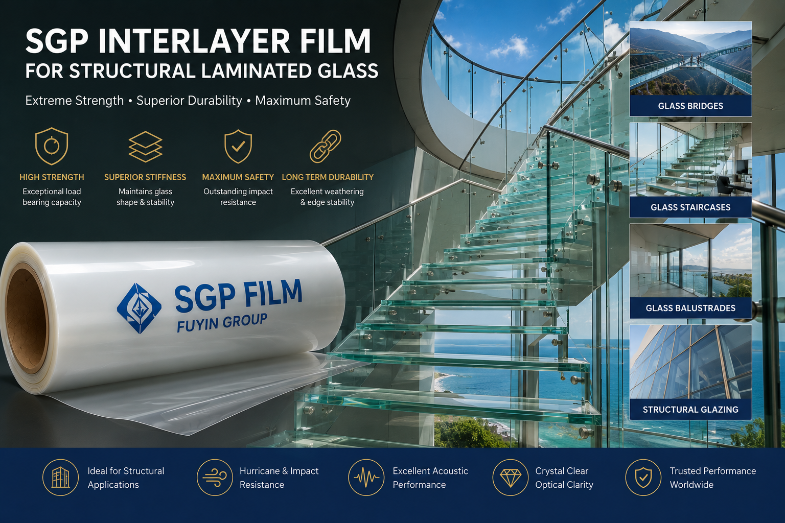 SGP interlayer film used for glass staircases, glass bridges, balustrades and structural glazing applications