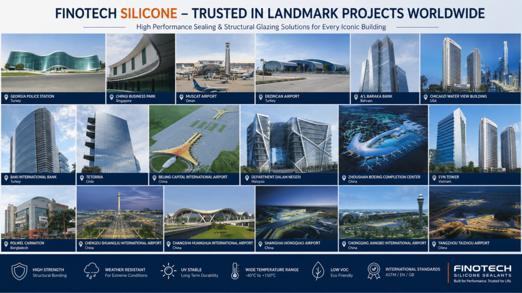 Landmark building projects using Finotech silicone sealants, including stadiums, cultural centers, exhibition halls, railway stations, and architectural glass curtain wall projects worldwide