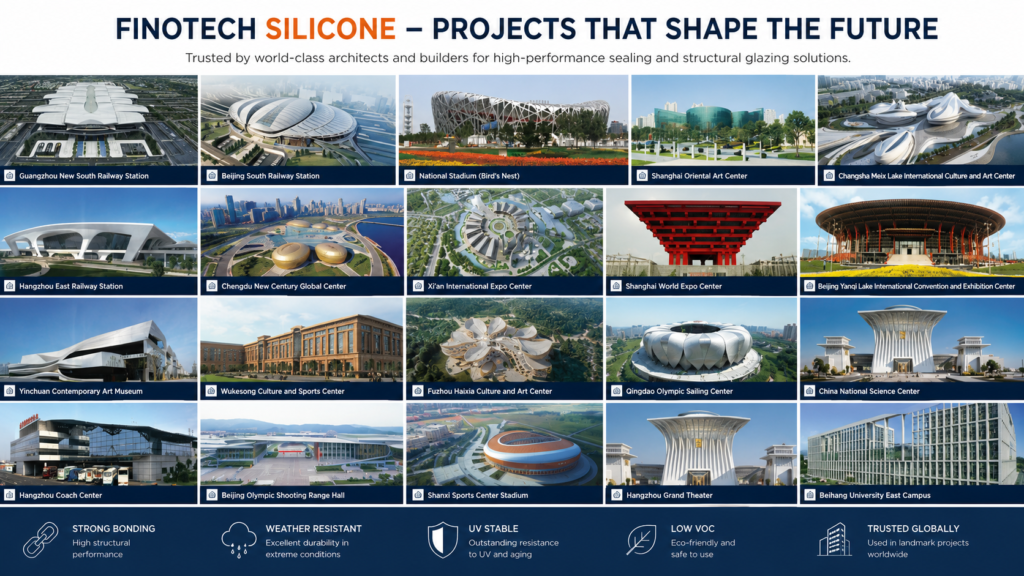 International airport terminals, commercial towers, office buildings, banks, and architectural façade projects completed using Finotech structural glazing and weatherproof silicone sealants.
