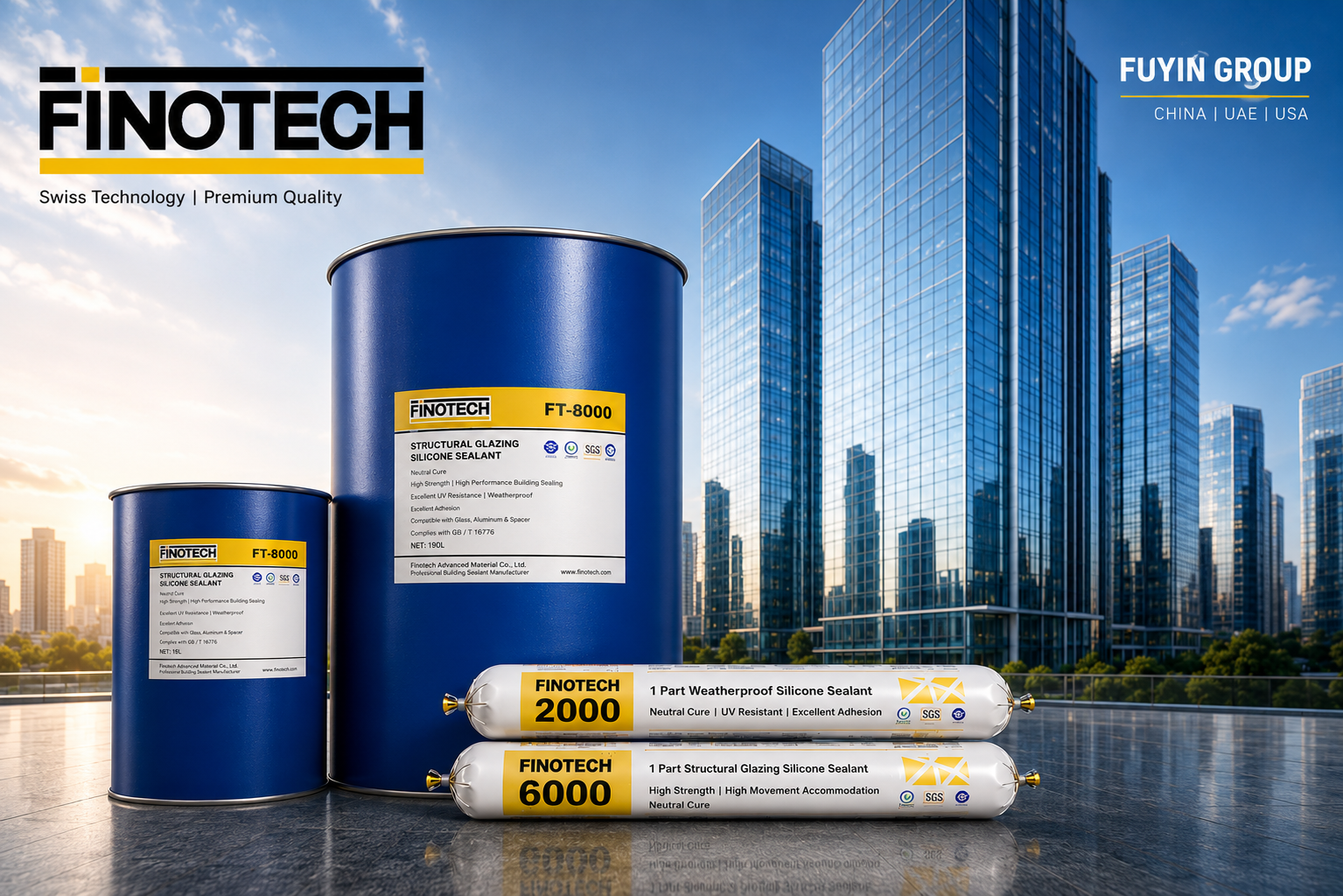 Finotech structural glazing silicone sealant including FT-2000 weatherproof, FT-6000 structural silicone and FT-8000 two-component silicone in drums and sausage packs with modern glass curtain wall buildings. Supplied by Fuyin Group in UAE with direct factory support from China.