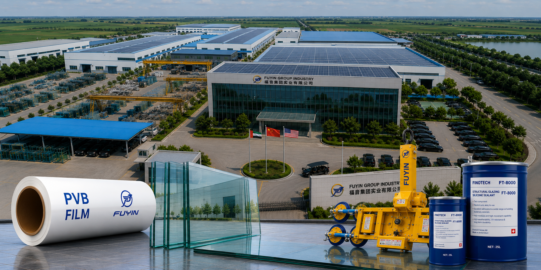 Fuyin Group manufacturing facility in China producing PVB interlayer film, laminated glass solutions, vacuum lifters and structural silicone for the global architectural glass industry.