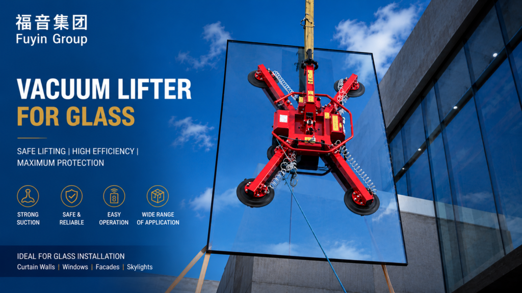 Fuyin Group vacuum lifter for glass installation lifting a large curtain wall glass panel at a construction site. Professional glass vacuum lifting equipment supplied from China with offices in the UAE and USA.