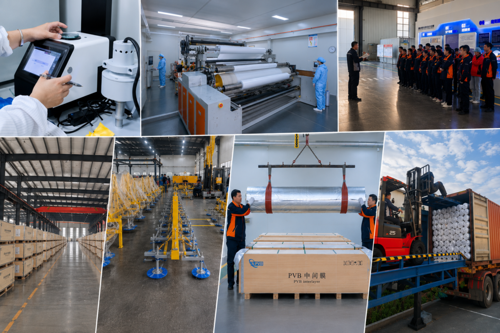 Fuyin manufacturing facilities in China showcasing PVB, SGP and EVA interlayer film production, quality control laboratory, vacuum lifter manufacturing, warehouse, packaging and global export operations.