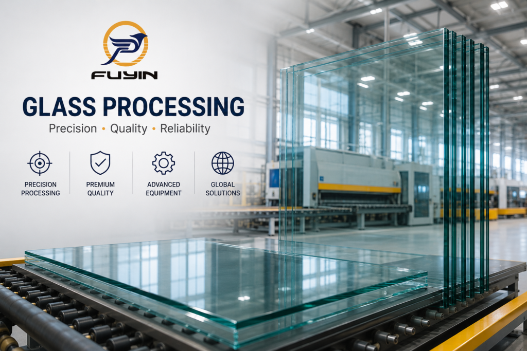 Fuyin glass processing factory providing cutting, tempering, laminating, insulated glass (IGU), curved glass, and precision glass fabrication for architectural projects.
