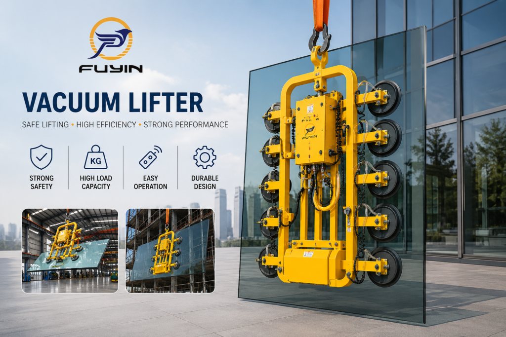 Fuyin glass vacuum lifter for safe lifting and installation of jumbo glass panels, curtain walls, and insulated glass units.