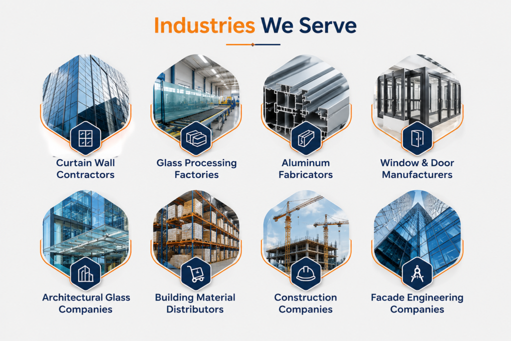 Industries using Finotech silicone sealants including curtain wall contractors, glass processing factories, aluminum fabricators, window and door manufacturers, architectural glass companies, building material distributors, construction companies, and facade engineering companies.