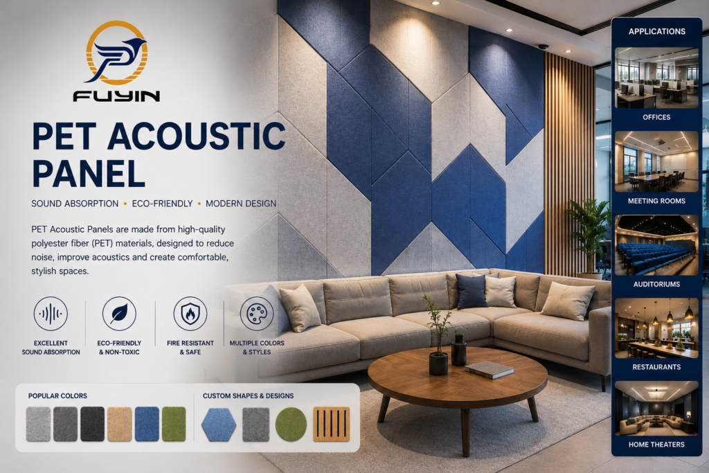 Fuyin PET acoustic wall panels for sound absorption in offices, meeting rooms, auditoriums, hotels, restaurants, and home theaters.