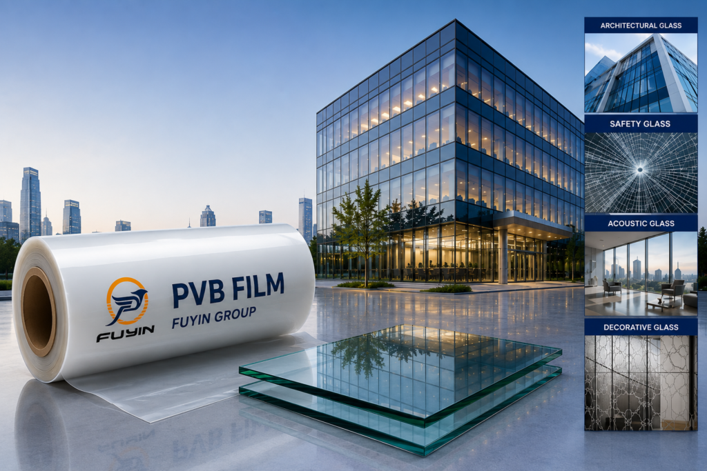 Fuyin PVB interlayer film for laminated safety glass used in curtain walls, facades, skylights, and building glazing.