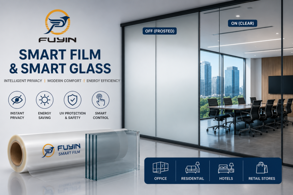 Fuyin smart film for switchable privacy glass in offices, hotels, hospitals, conference rooms, and residential buildings.