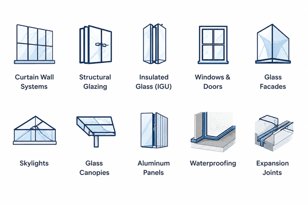 Applications of Finotech silicone sealants for curtain wall systems, structural glazing, insulated glass (IGU), windows and doors, glass facades, skylights, glass canopies, aluminum panels, weatherproofing, and expansion joints.