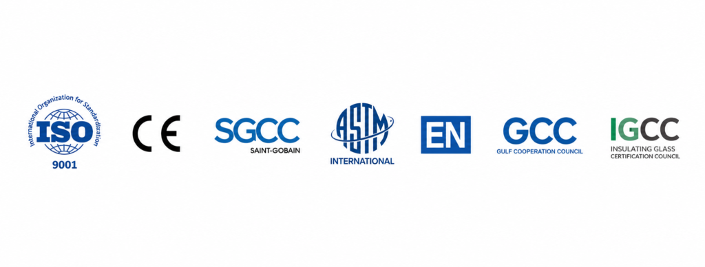 Fuyin international quality certifications including ISO 9001, CE, SGCC, ASTM International, EN Standards, GCC, and IGCC for laminated glass, interlayer films, glass processing, vacuum lifters, and silicone sealants.