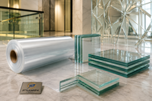 Clear EVA film roll with transparent laminated glass samples for architectural and decorative glass applications