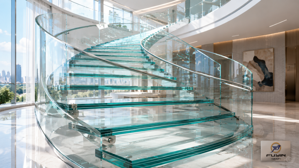 Curved laminated glass staircase made with clear EVA interlayer film for architectural safety glazing