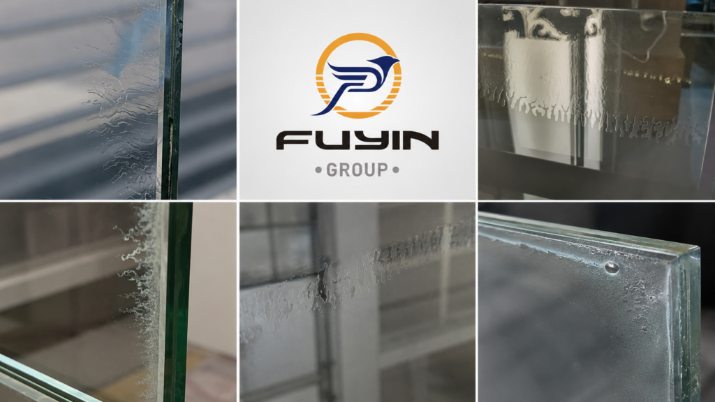 Different EVA glass delamination patterns including edge separation, cloudy areas, bubbles, and moisture damage in laminated glass